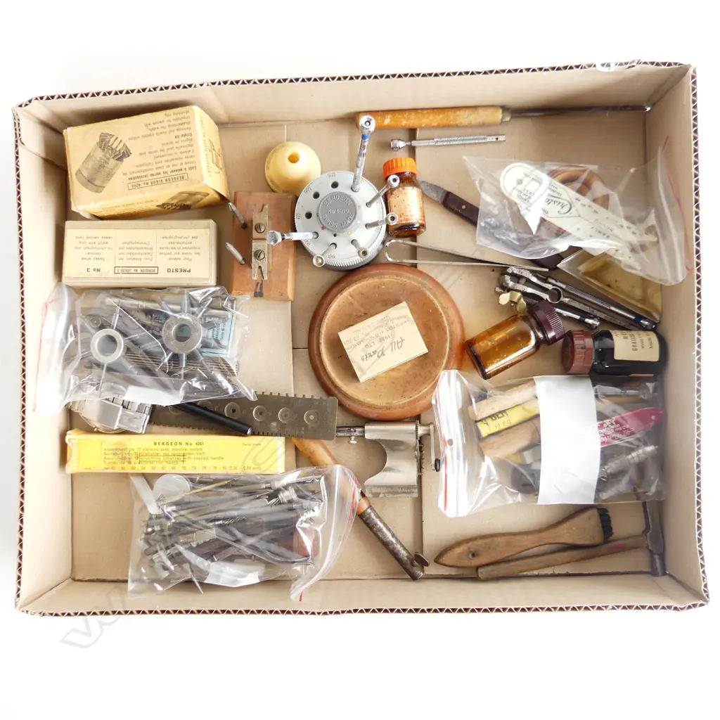 TRAY OF VINTAGE WATCH MAKERS TOOLS ETC Image 1++
