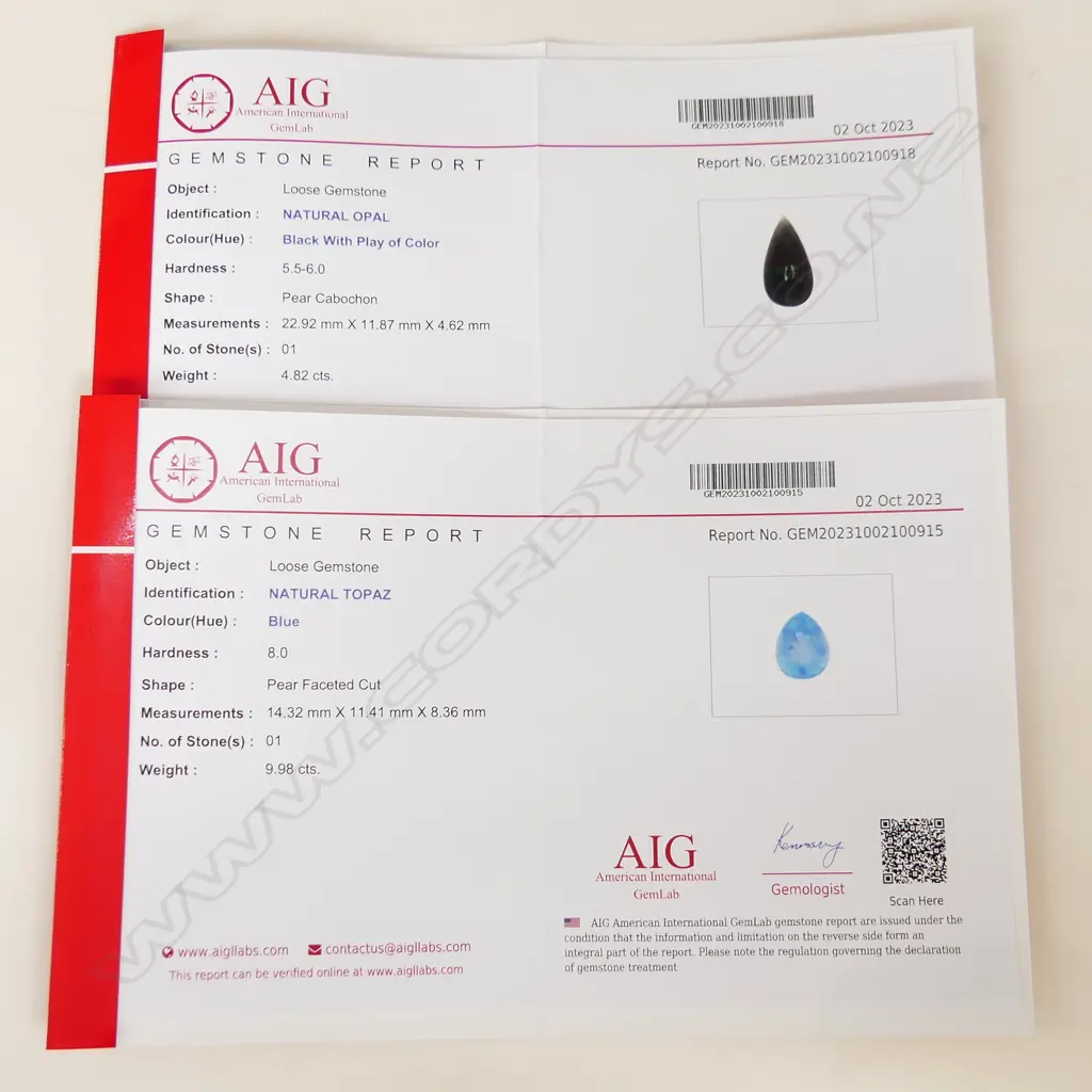 2 GEMSTONES; OPAL & TOPAZ w. AIG REPORTS Image 1++