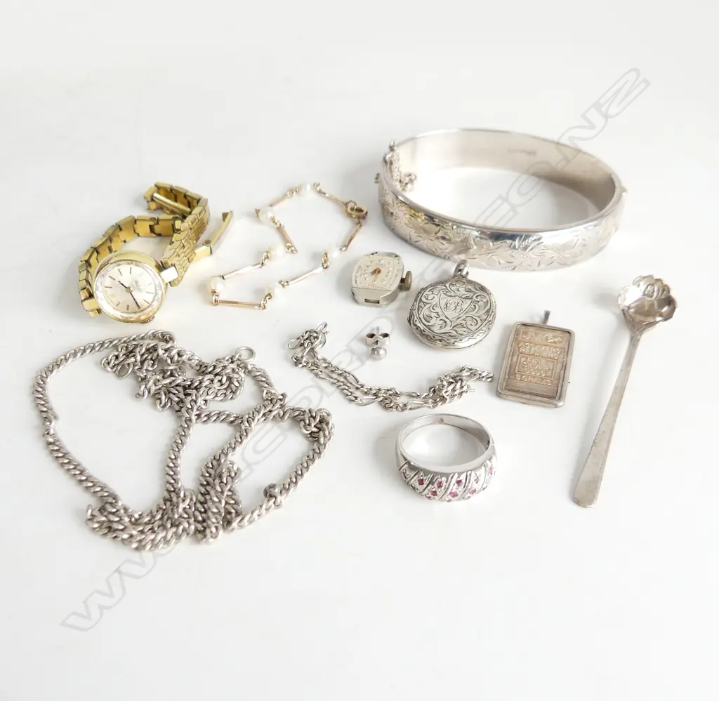ASST MAINLY NZ JEWELLERY: chains + ring + locket + ingot + bangle + roamer lady's watch etc Image 1++