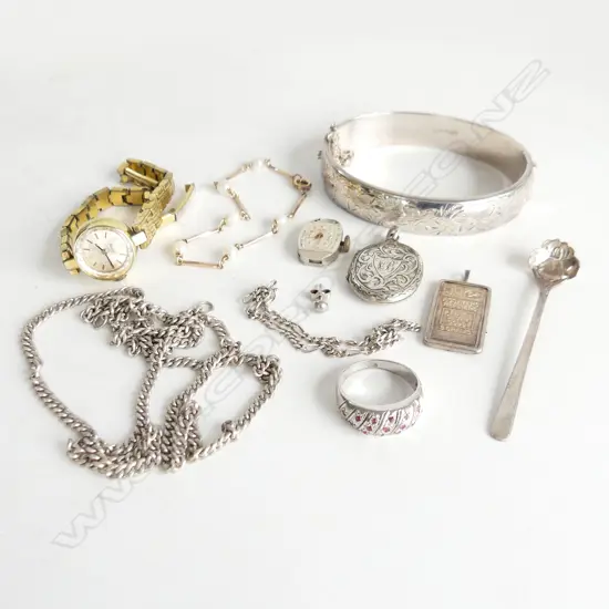 ASST MAINLY NZ JEWELLERY: chains + ring + locket + ingot + bangle + roamer lady's watch etc