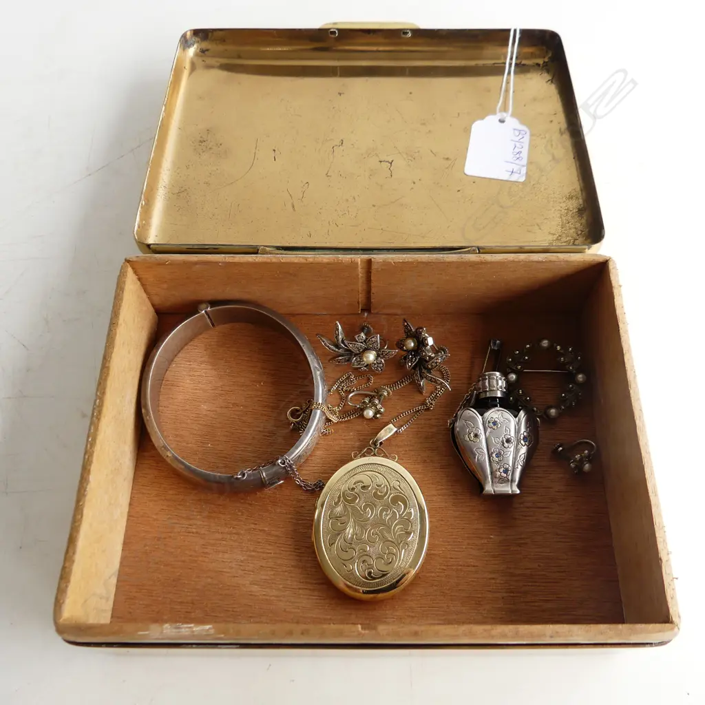 GOLD METAL CIGAR BOX W.170mm w. STG BANGLE & SILVER GILT LOCKET ETC Image 1++