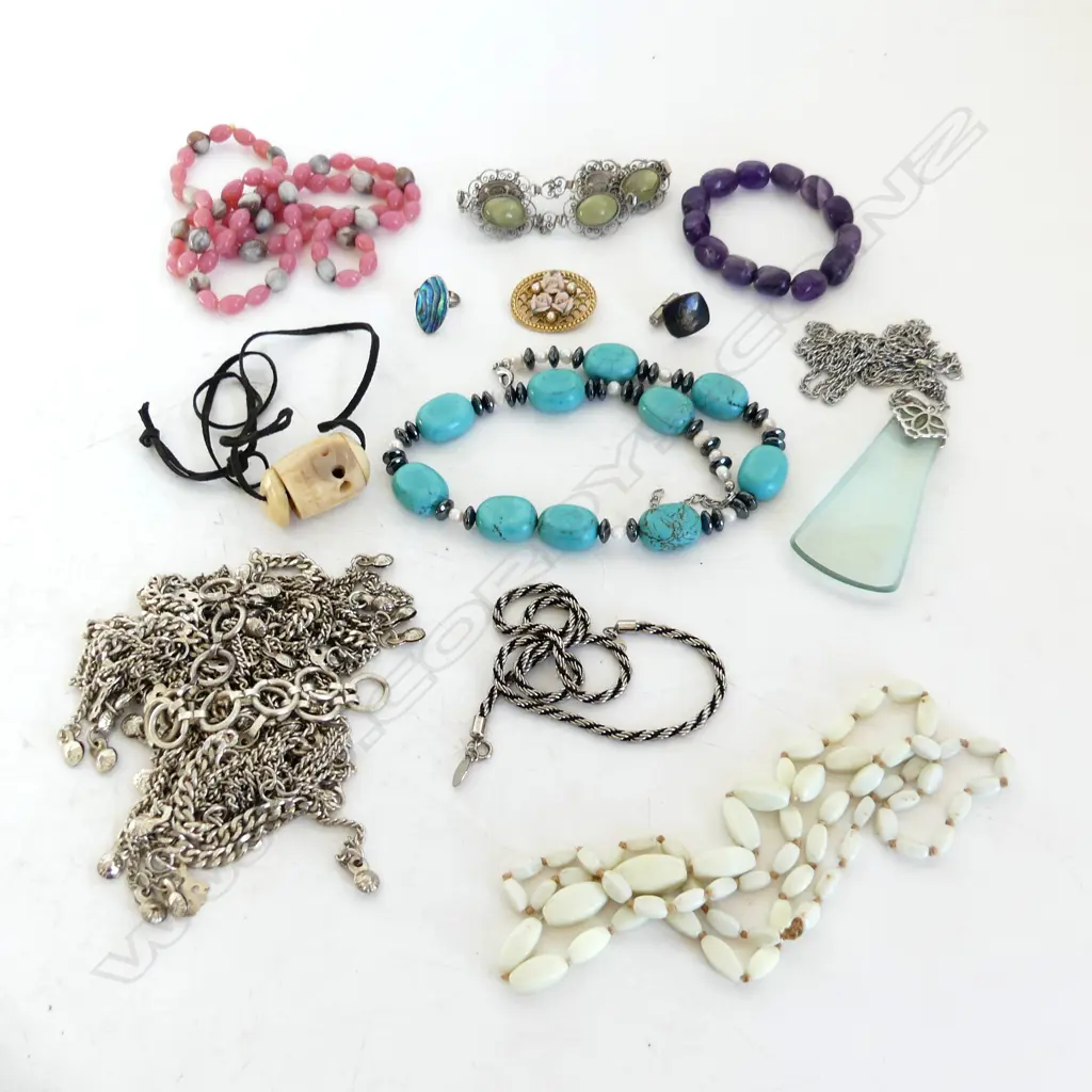 ASST SILVER & COSTUME JEWELLERY NECKLACES. SILVER & PAUA RING. AMETHYST bracelet etc Image 1++