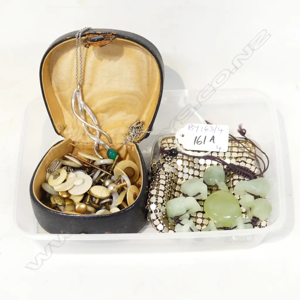 ASST. ANTIQUE MoP SHIRT STUDS, PURSE, NECKLACE, JADE BRACELET Image 1++