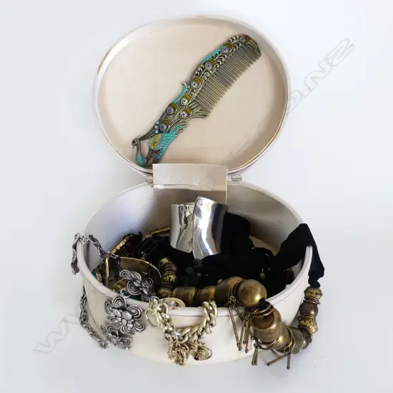 BOX OF COSTUME JEWELLERY, INCL. VINTAGE PEACOCK COMB