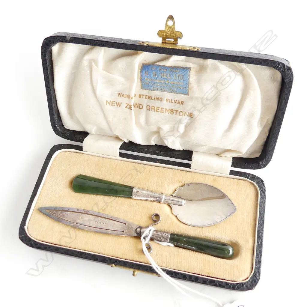 BOXED SILVER & GREENSTONESPOON & PAGE MARKER Hamilton retailers label Image 1++