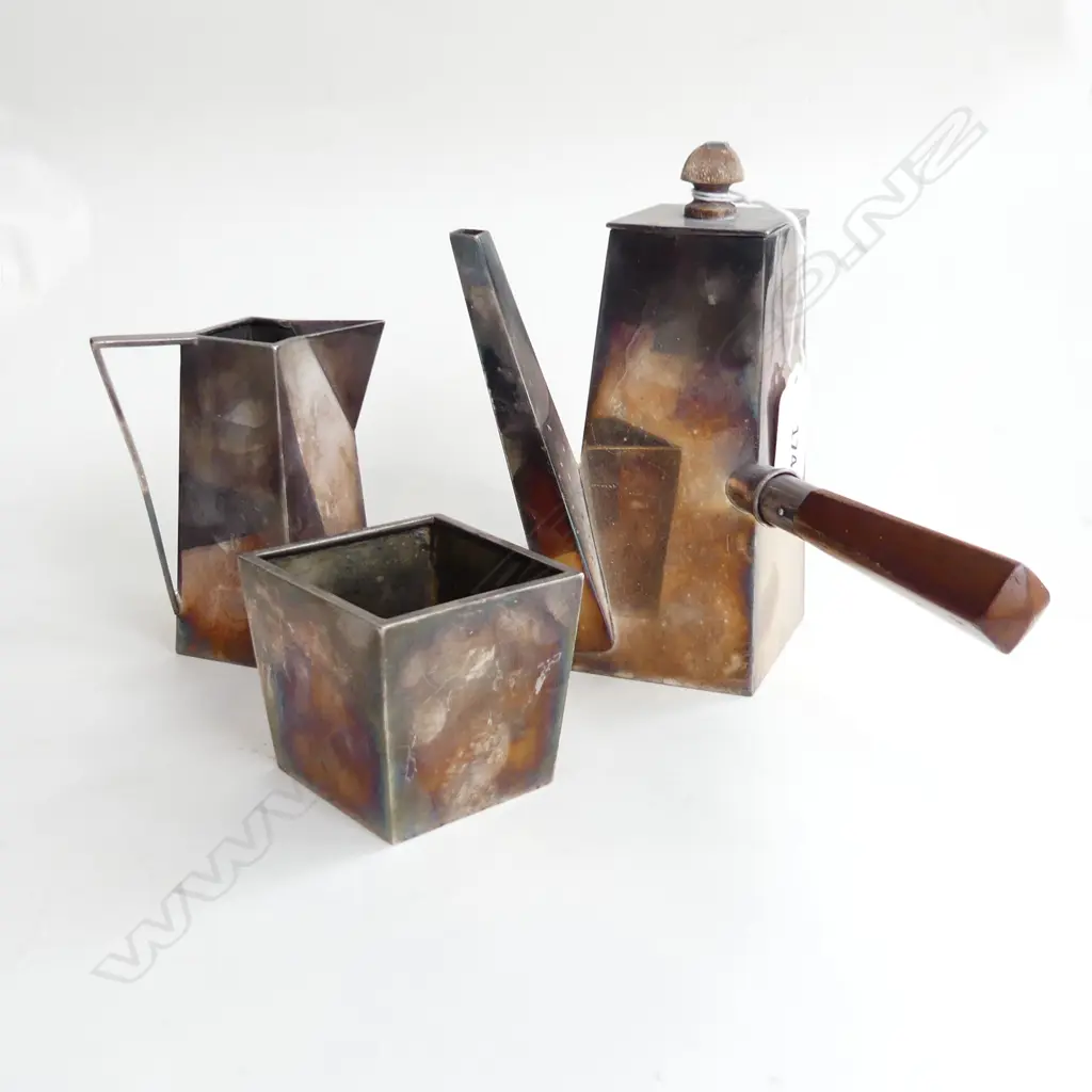 CUBED 1920S SILVER PLATE COFFEE POT/ SUGAR/ MILK BY ARTKRUPP BERNDORF. Image 1++