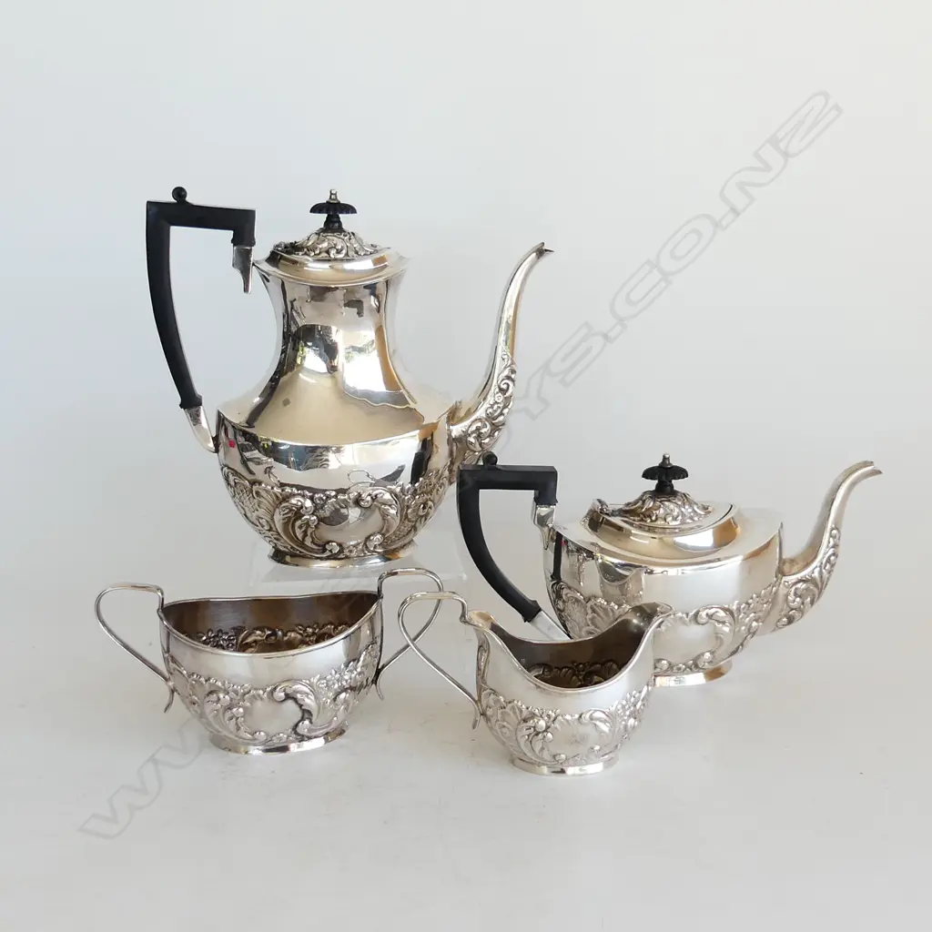 ART NOUVEAU SILVER PLATED 4 PIECE TEA SET INCLUDES TEAPOT, COFFEE POT, MILK JUG & SUGAR BOWL H. 26CM (COFFEE POT) Image 1++
