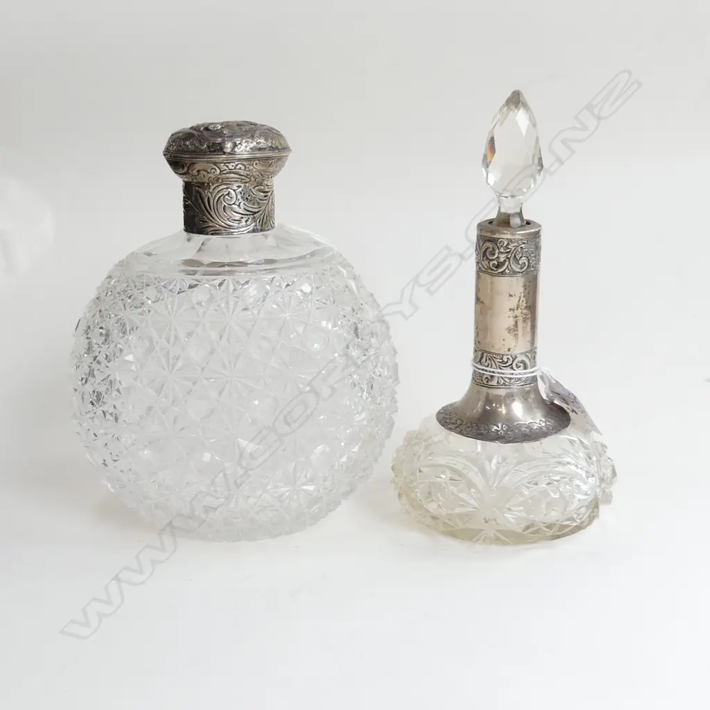2 H.180mm SILVER TOPPED PERFUMES. (1) SWOLLEN SHAPE POINTED STOPPER (CHIP)  (2) STRAWBERRY CUT BASE TOP LONDON MARK Image 1++