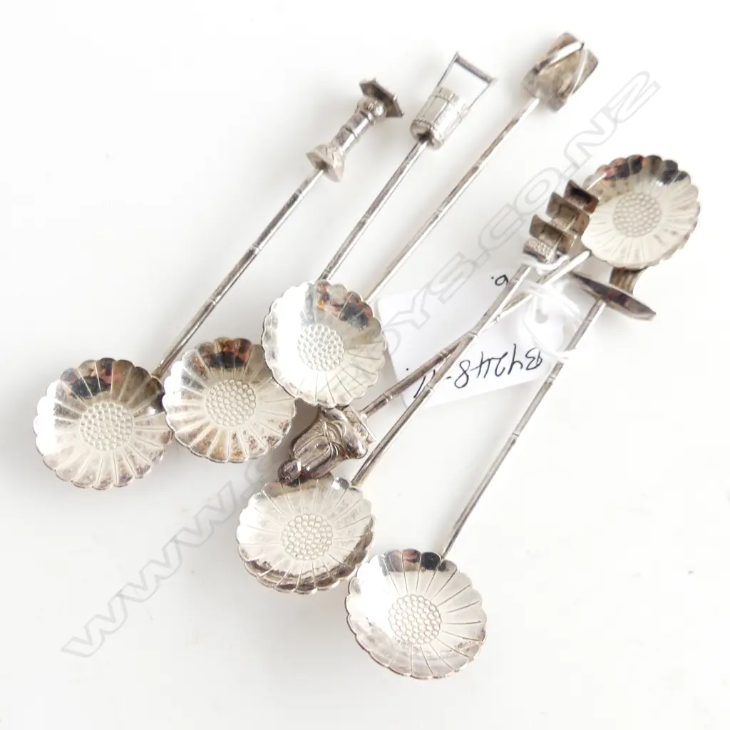 SET 6 ORIENTAL SILVER NOVELTY TEASPOONS flower bowls various finials 47gms  Image 1++