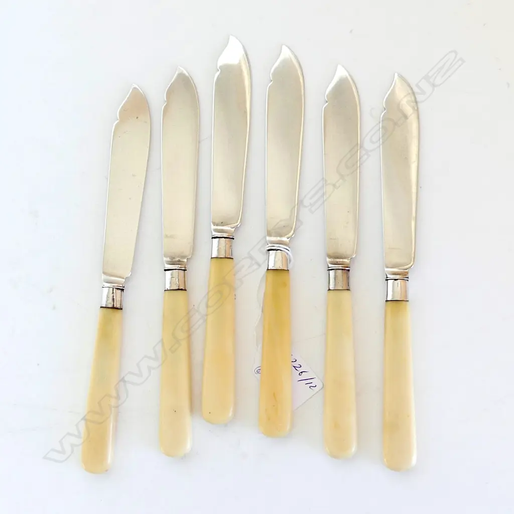 SOLID STERLING SILVER & IVORY SET OF 6  FISH KNIVES SHEFFIELD 1916 (BLADES & COLLARS HALLMARKED) L. 203MM Image 1++