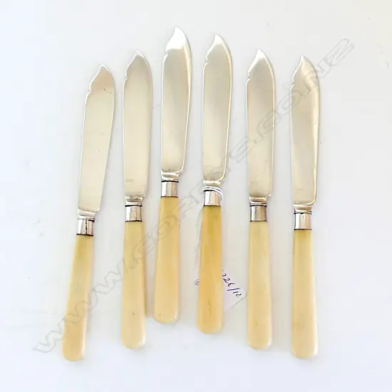 SOLID STERLING SILVER & IVORY SET OF 6  FISH KNIVES SHEFFIELD 1916 (BLADES & COLLARS HALLMARKED) L. 203MM