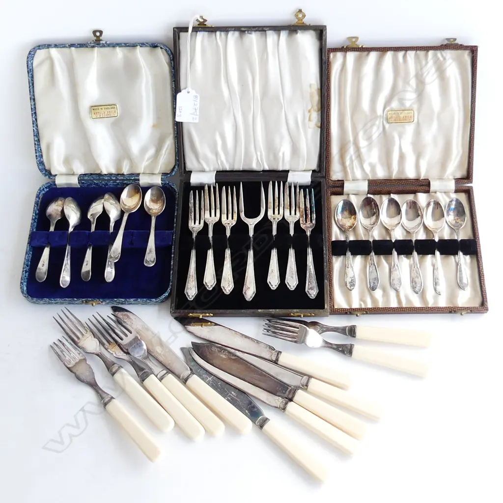 3 BOXED CUTLERY SETS; 2x 6 TEA SPOONS, 1x CAKE FORKS + 12 PCE IVORINE HANDLE FISH SET Image 1++