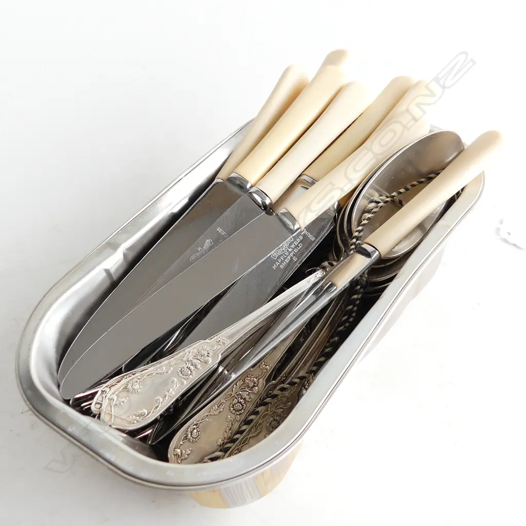 20 PCES FRENCH SILVER PLATE CUTLERY + 8 IVORINE 'BONE' HANDLED KNIVES Image 1++