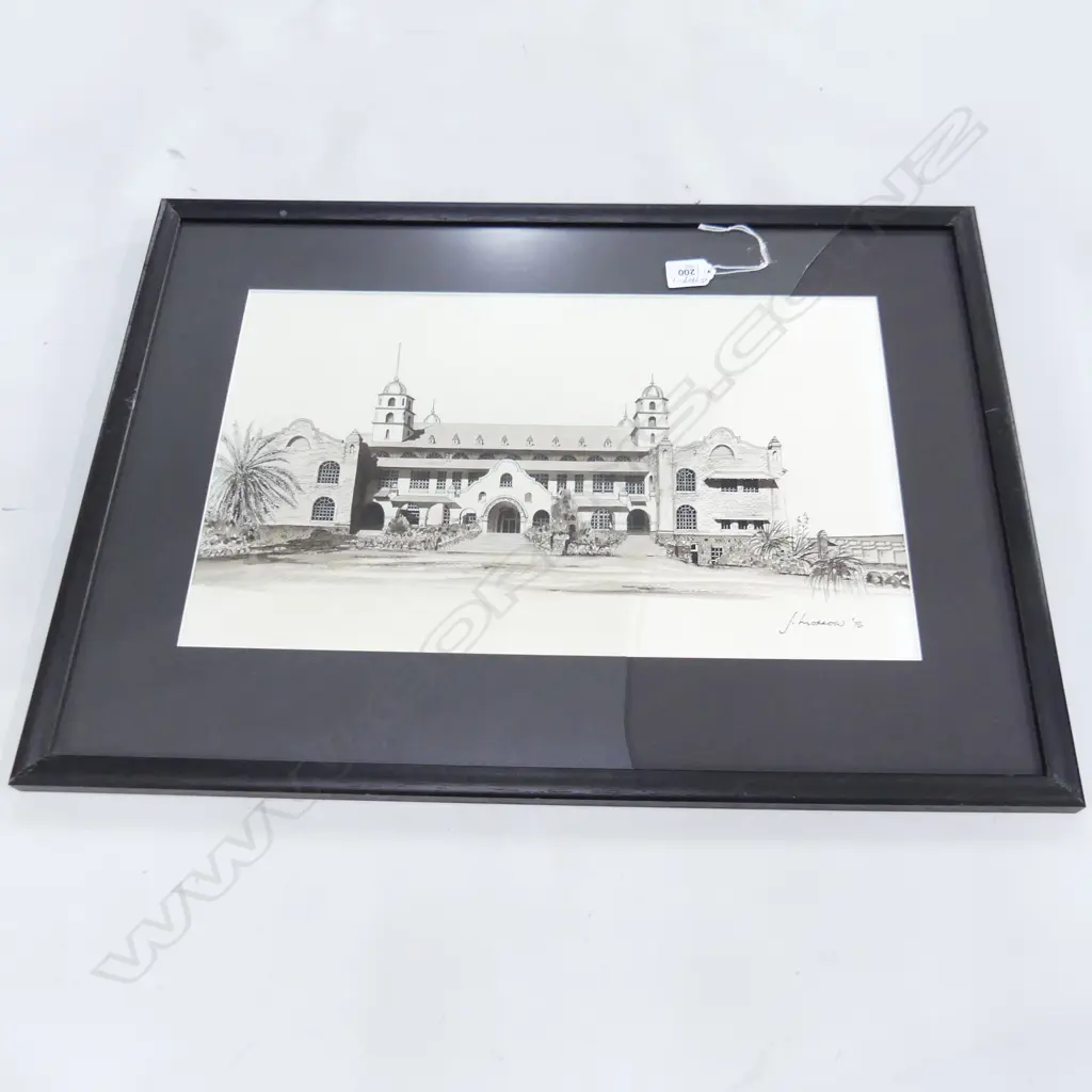 S. MORROW FINE INK DRAWING AUCKLAND GRAMMAR SCHOOL 285 X 470mm glass broken Image 1++