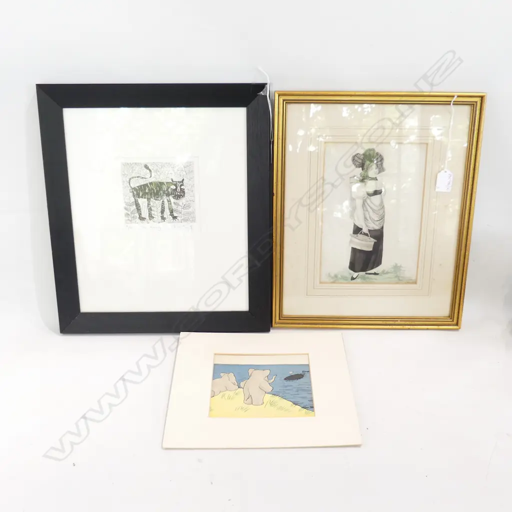 3 ARTWORKS; BABAR ELEPHANT PRINT, 'THE KING' A/P 120x130mm, LATE 19thC W/C OF A LADY 230x160mm Image 1++