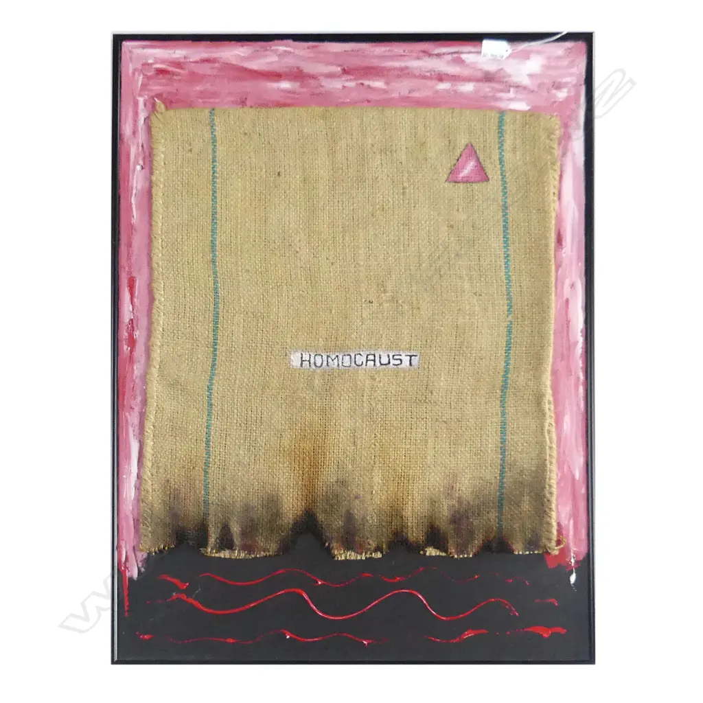 ALAN TAYLOR 'HOMOCAUST' ACRYLIC & HESSIAN ON BOARD, UNSIGNED, 830 x 590mm Image 1++