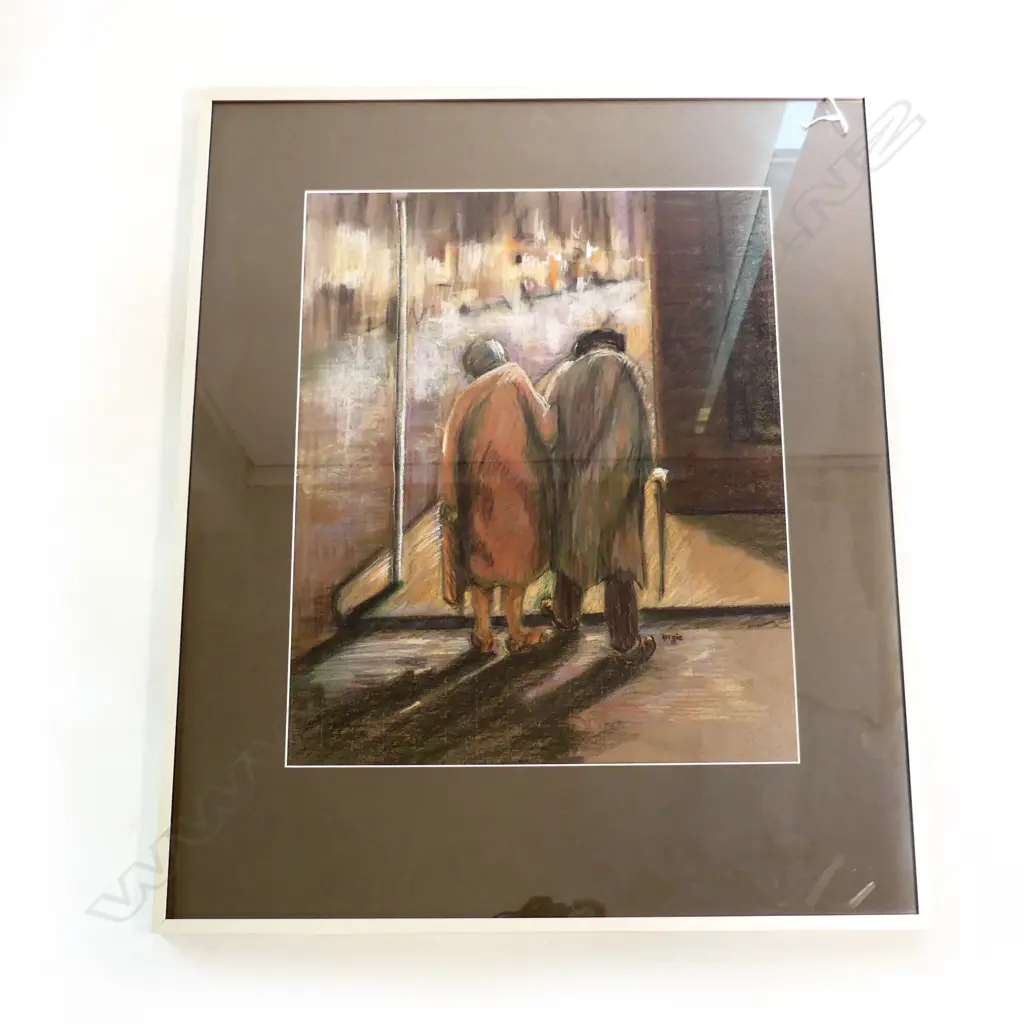 FRAMED PASTLE OLD COUPLE ON ROAD SIGNED ANGIE H770MM W640MM Image 1++