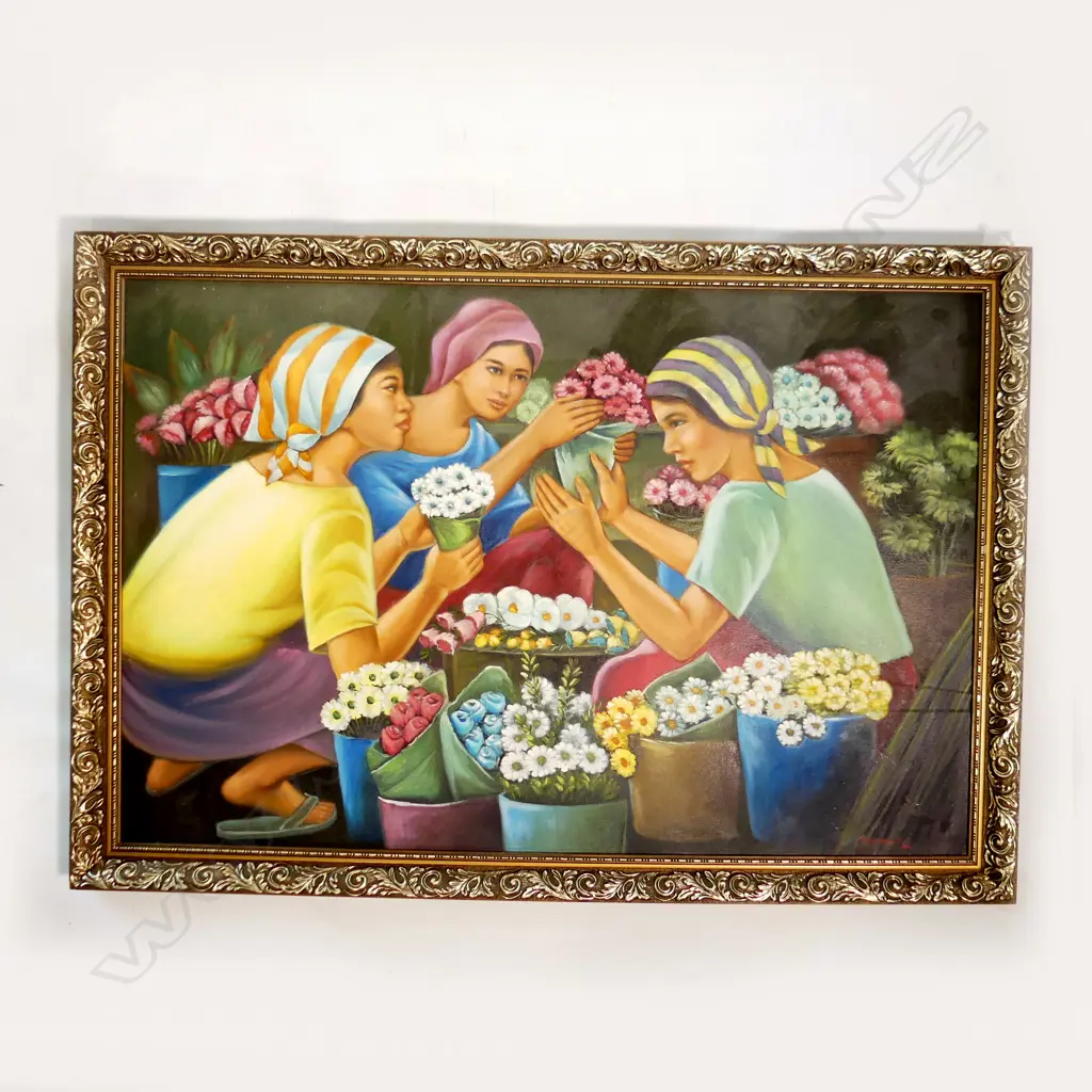 LARGE GILT FRAMED OIL GIRLS WITH FLOWERS SIGNED L1M H690MM Image 1++