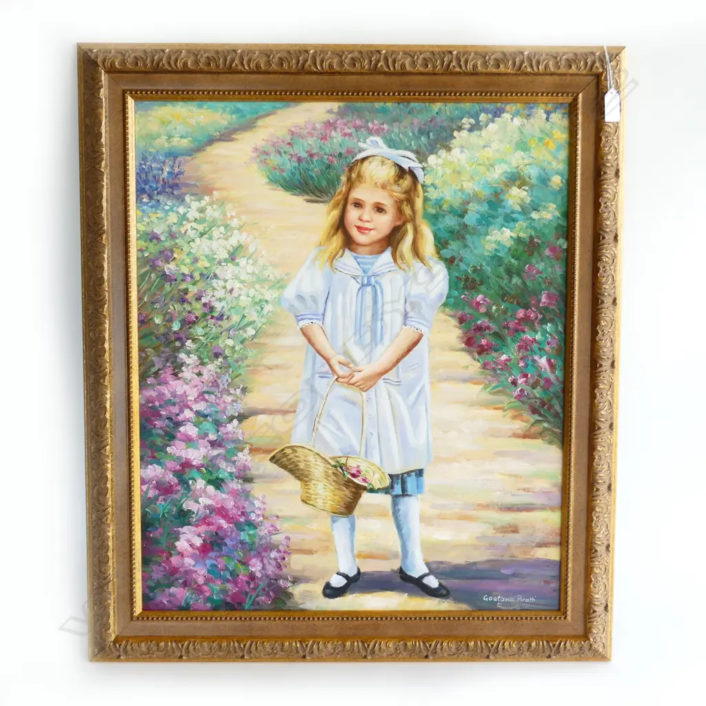 GOETANO PIRATTI, GIRL HOLDING BASKET OF FLOWERS, OIL ON CANVAS 600x500mm Image 1++
