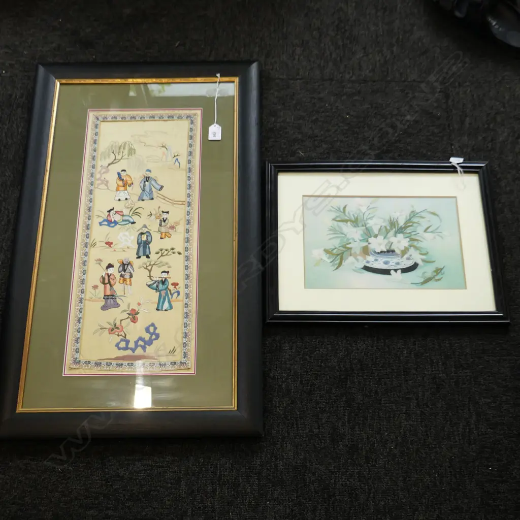 2 ORIENTAL EMBROIDERED ARTWORKS; FLOWERS 190x290mm / PANEL 540x220mm Image 1++