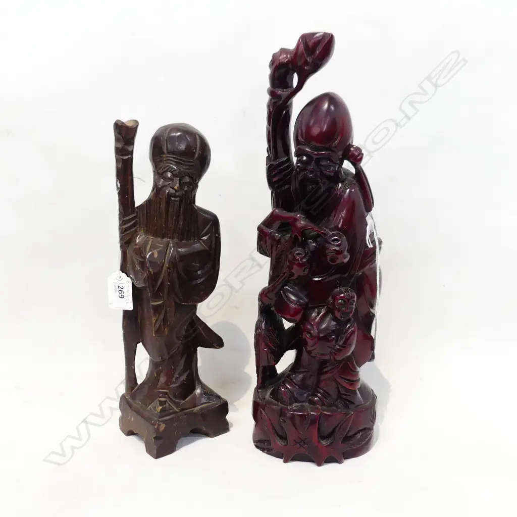 2 VINTAGE CARVED WOOD CHINESE FIGURES 380MM TALLEST Image 1++