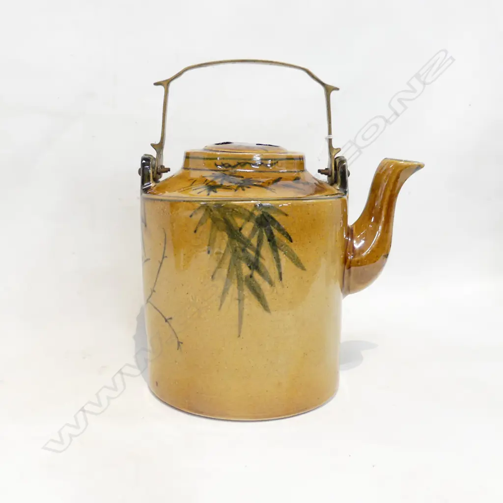 LARGE VINTAGE CHINESE TEA POT PAINTED BAMBOO DECORATION WITH BRASS HANDLE 200 x 300mm (includes handle) Image 1++