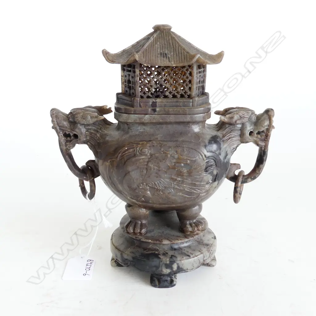 CARVED JADE STONE INCENSE CENSOR- 2 headed dragon with pagoda L.180mm (small professional repair) Image 1++