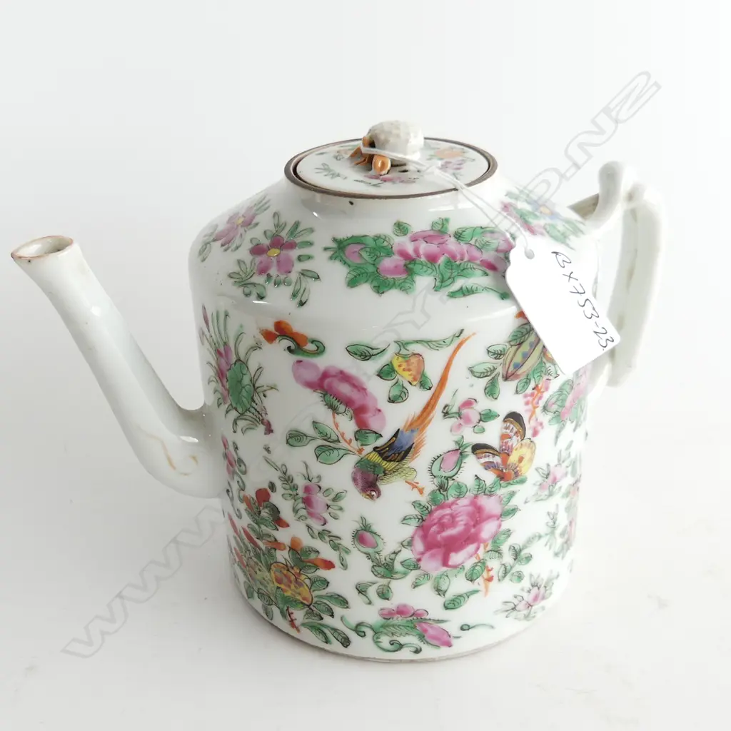 19thc FINE CHINESE FAMILLE ROSE TEAPOT w birds & butterflies Image 1++