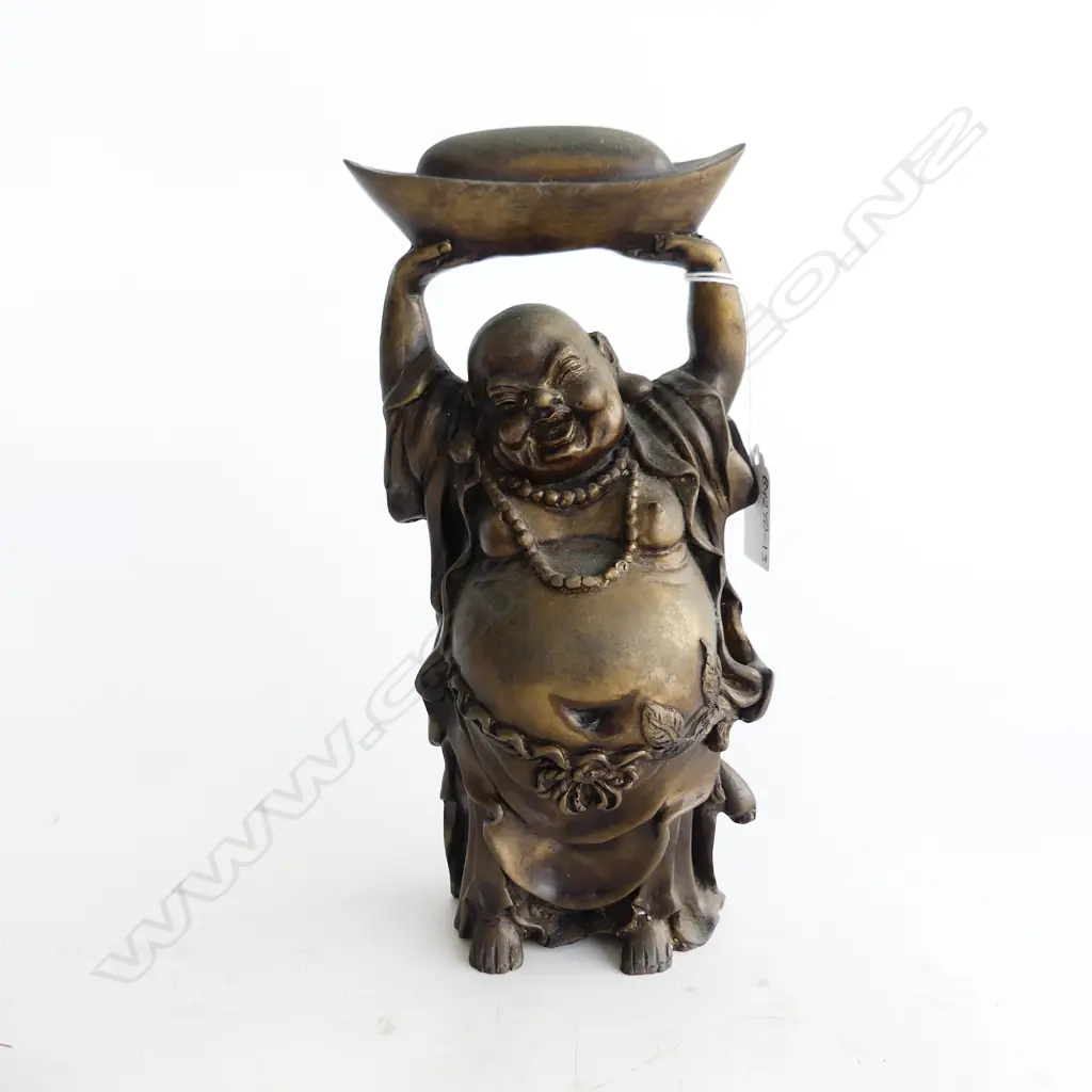 VINTAGE CHINESE BRONZE BUDDHA HOLDING A TAEL FOR WEALTH H.240mm Image 1++
