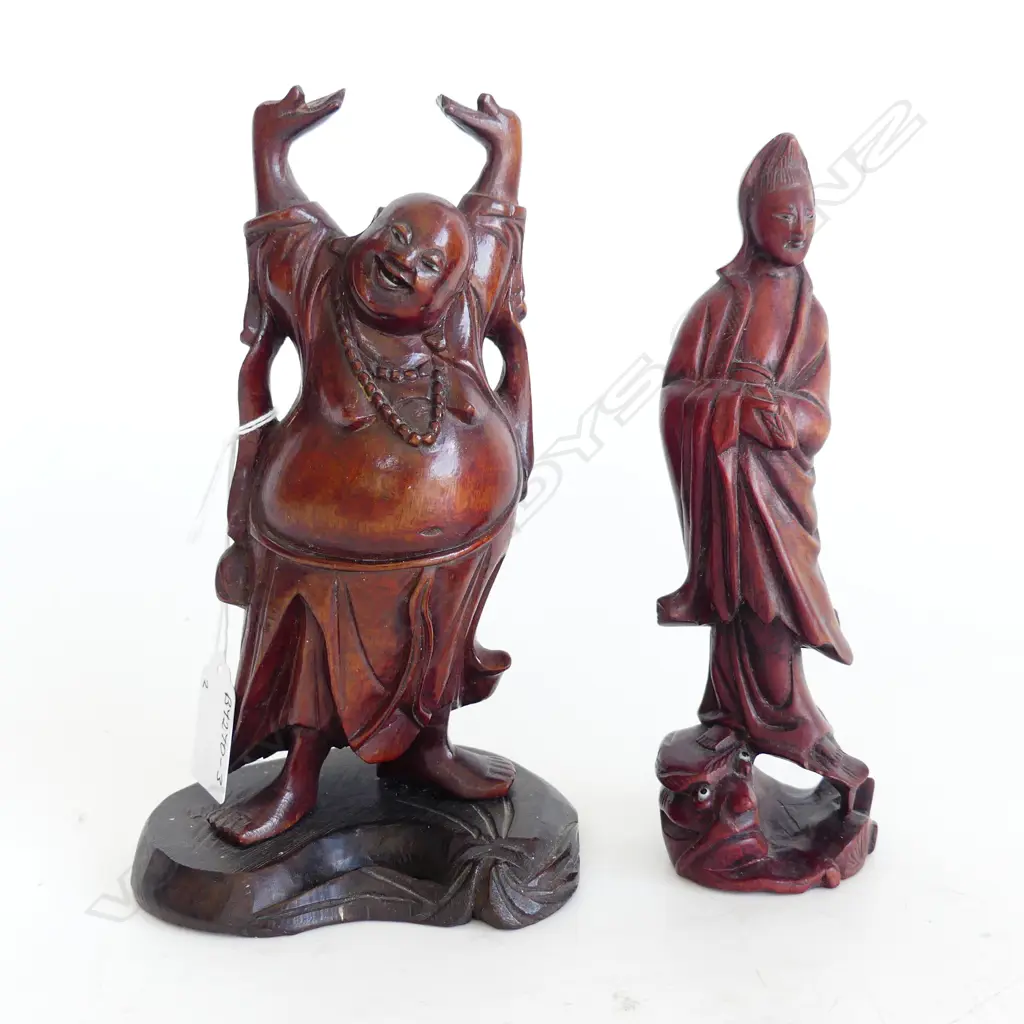 TWO VINTAGE CHINESE WOOD FIGURES BUDDHA AND KWAN YIN H.200 Image 1++