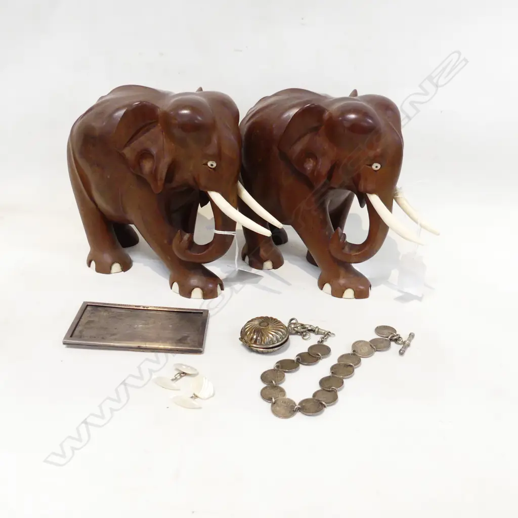 TWO HARDWOOD ELEPHANTS WITH BONE TUSKS & BAG SILVER JEWELERY Image 1++