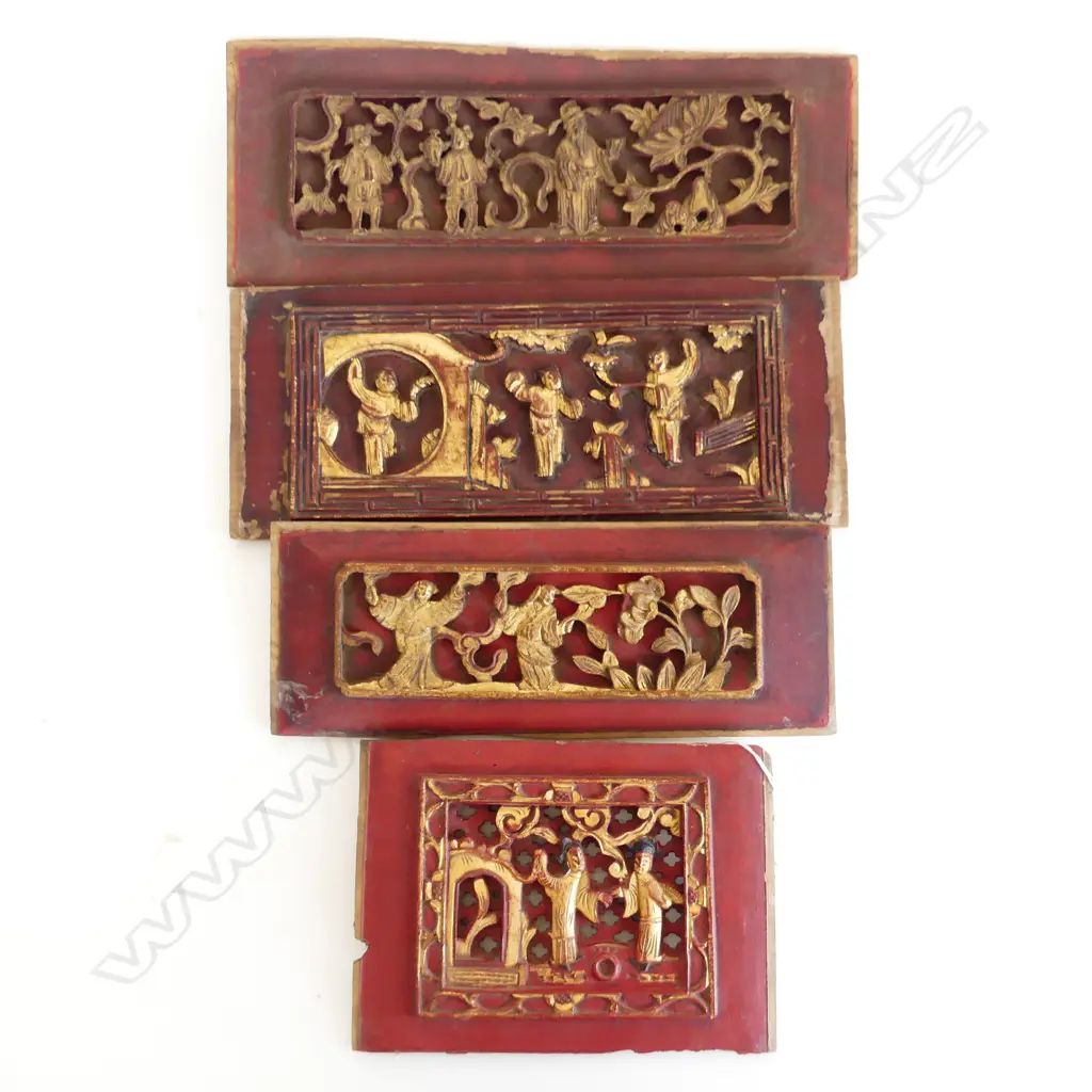 FOUR CHINESE ANTIQUE CARVED WOOD PANELS - various sizes/red and gold paint/damage commensurate with age Image 1++