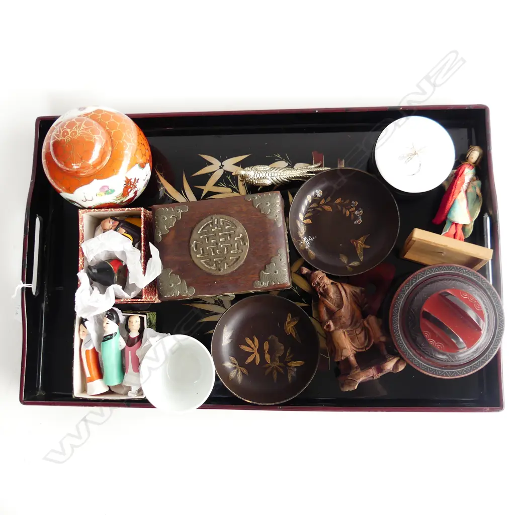 ORIENTAL TRAY N480MM WITH 12  CHINESE COLLECTABLES WOOD CHINA ETC Image 1++