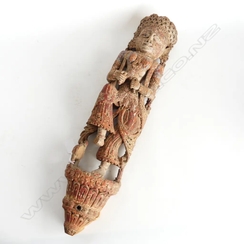 PAINTED WOODEN CARVED TEMPLE FIGURE FROM GUJARAT INDIA H.555mm Image 1++
