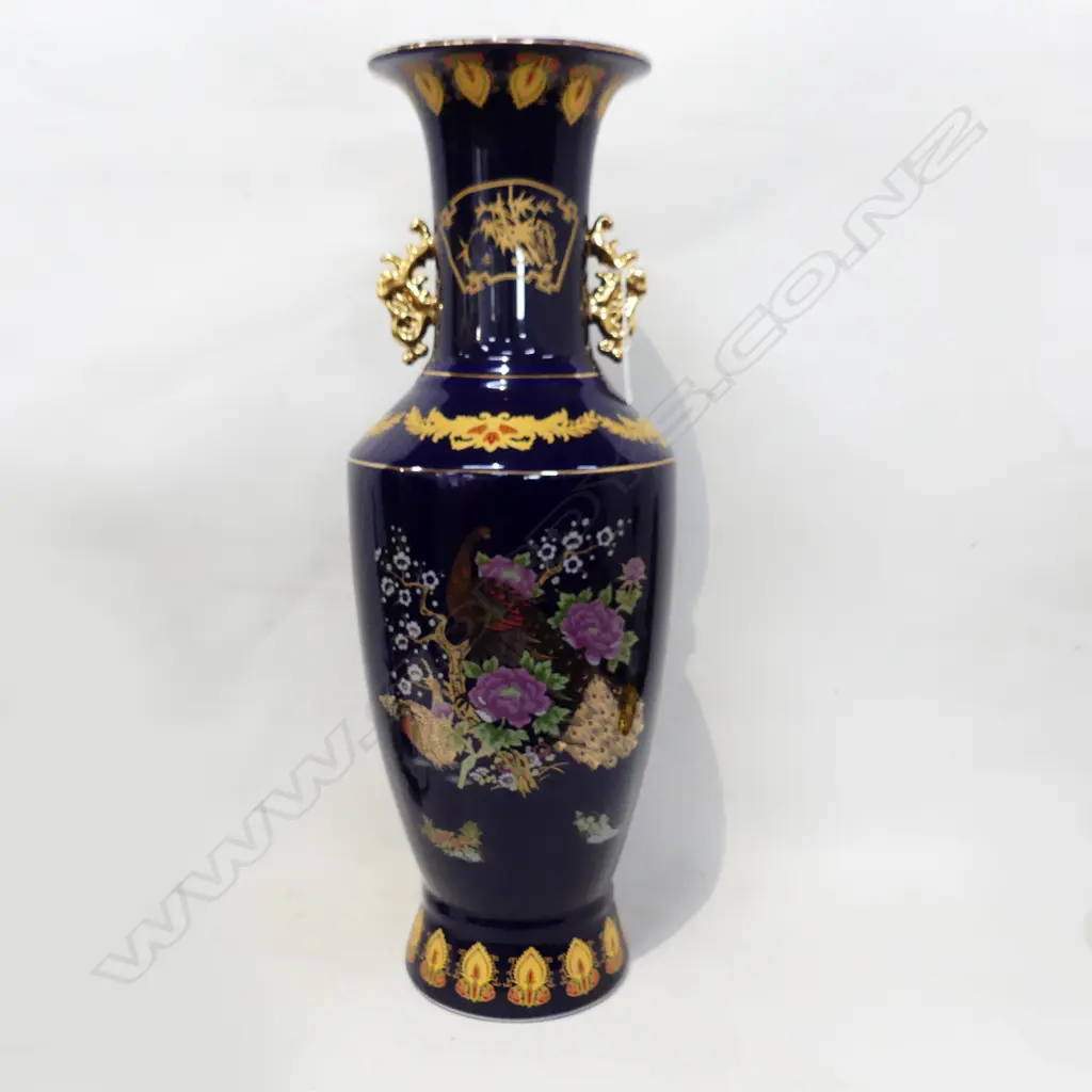 TALL BALUSTER SHAPED FLOOR VASE SEVRES BLUE COLORWAY & GILT DETAIL DEPICTING PEACOCK & PHEASANT H. 620mm Image 1++