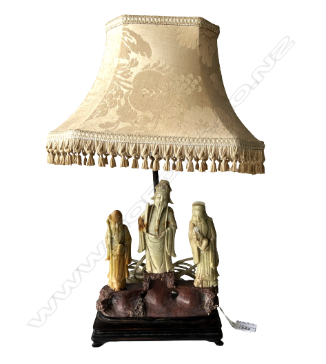 VINTAGE CHINESE carved soapstone TABLE LAMP WITH 3 ORIENTAL FIGURES, H. 430mm Image 1++