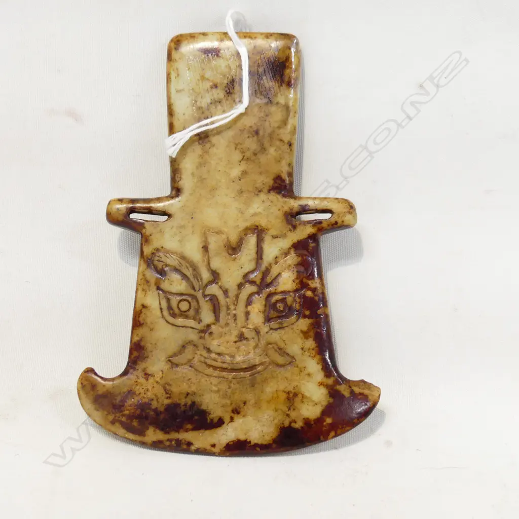 POSSIBLY ANTIQUE CHINESE JADE AXE - CARVED FACE BOTH SIDES H.130mm Image 1++