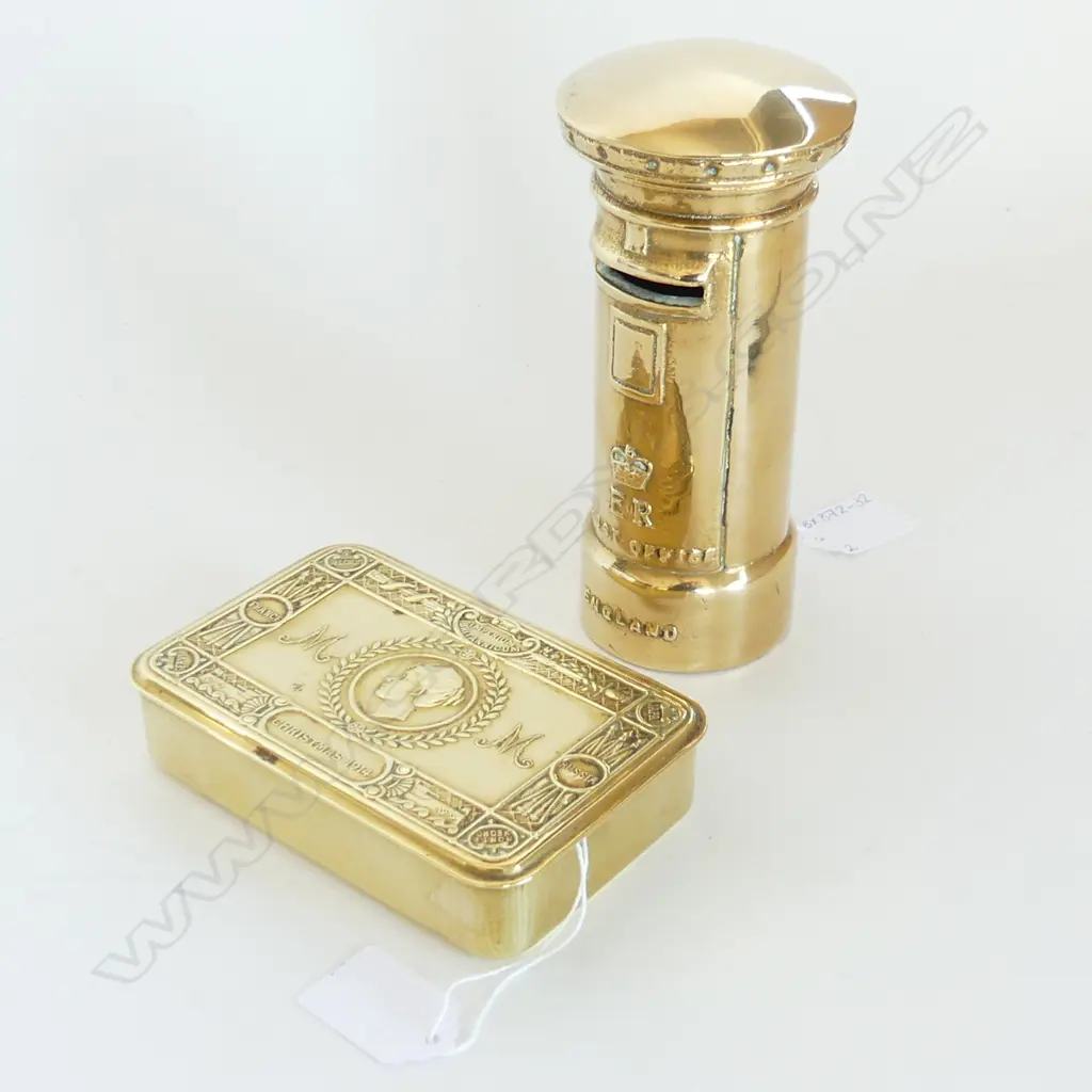 HEAVY BRASS POST BOX MONEY BOX, H. 160mm & BRASS 1914 SOLDIERS MEMEMTO GIFT BOX 130 X 85mm Image 1++