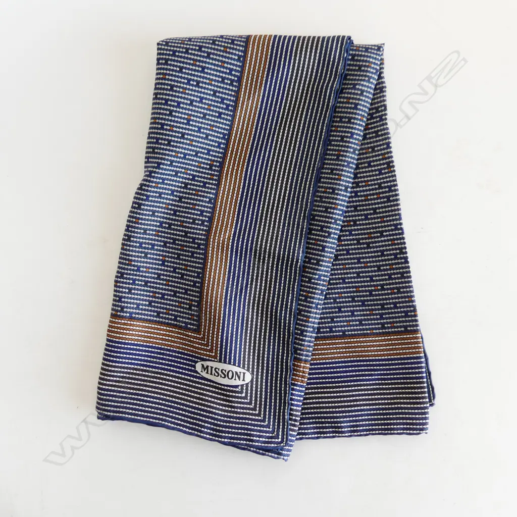 MISSONI ITALIAN SILK SCARF WITH LABEL, NAVY/CARAMEL, EXCELLENT COND. 67CM SQ Image 1++