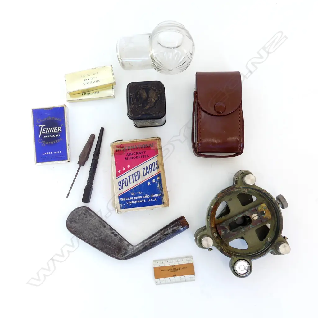 BOX OF COLLECTABLES – USA AIRCRAFT CARDS, SURVEYORS LEVEL FITTING, STANLEY RULE, BIRD FEEDER, TIN ETC Image 1++