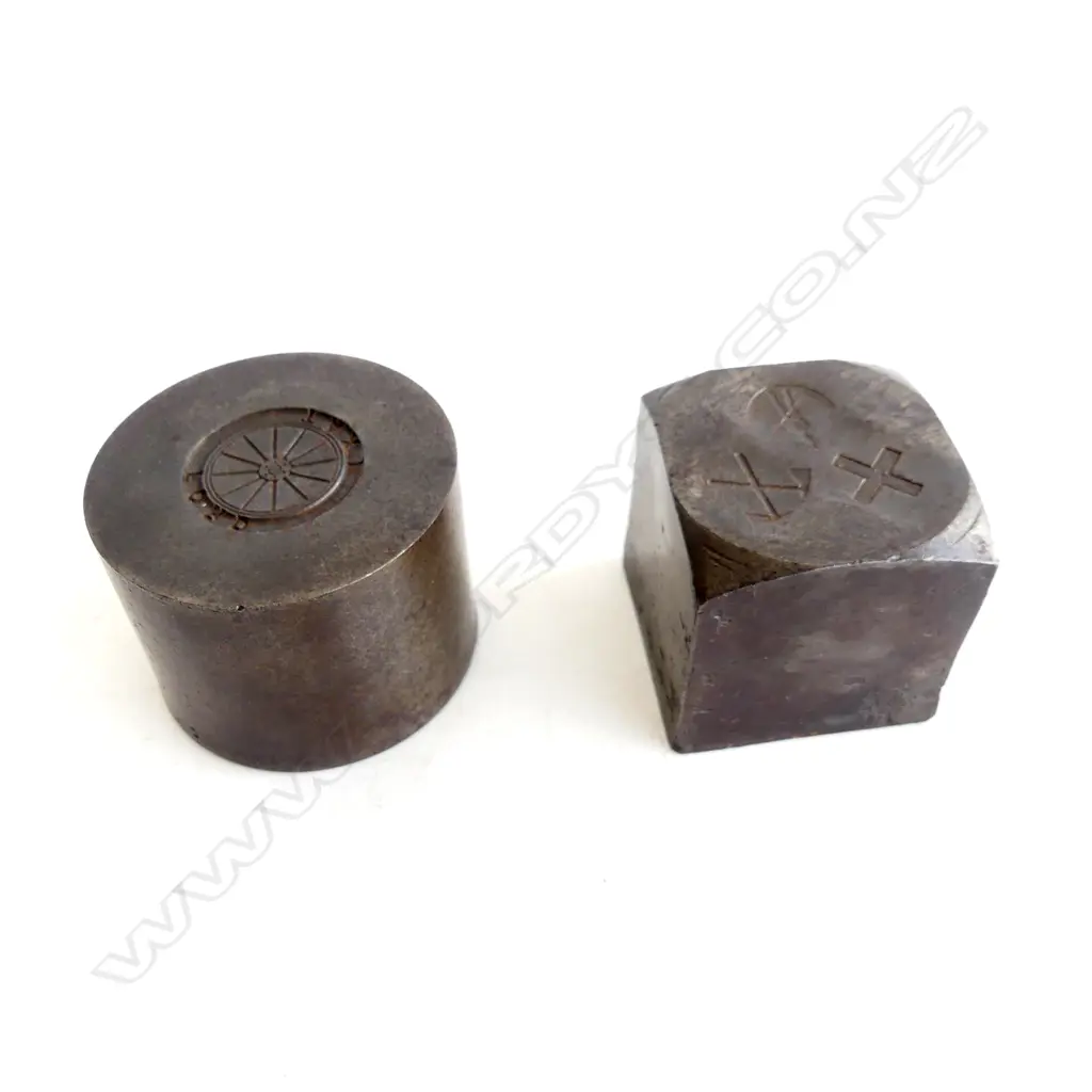 2 UNCOMMON EARLY 20thC NZ STEEL BADGE STAMP DYES:1 W 3 FIREMAN'S BADGES + 1 'TAXI' & with wheel symbol. Ex. Wgtn firm. Image 1++