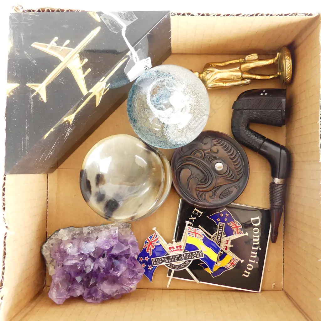 BOX OF SMALL ITEMS concorde paperweight.Glass paperweight. ebony pipe. Returned Services badges. etc Image 1++