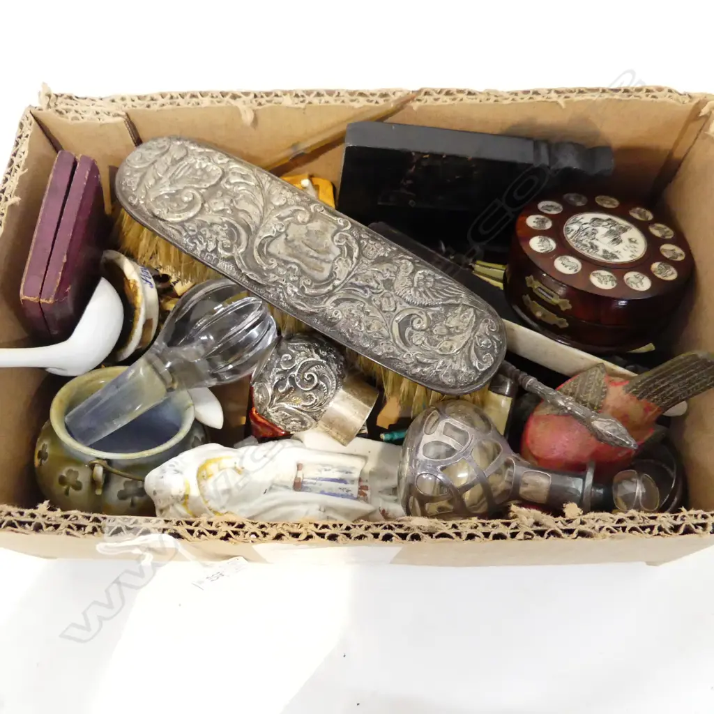 BOX LOT VARIOUS INCLUDES STERLING BRUSH PERFUME BOTTLE COMPASS GLOVE STRETCHERS ETC .  Image 1++