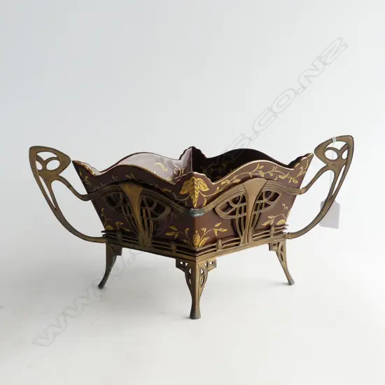 ART NOUVEAU ENAMELLED TABLE JARDINIERE IN BRASS NOUVEAU STAND L.365mm