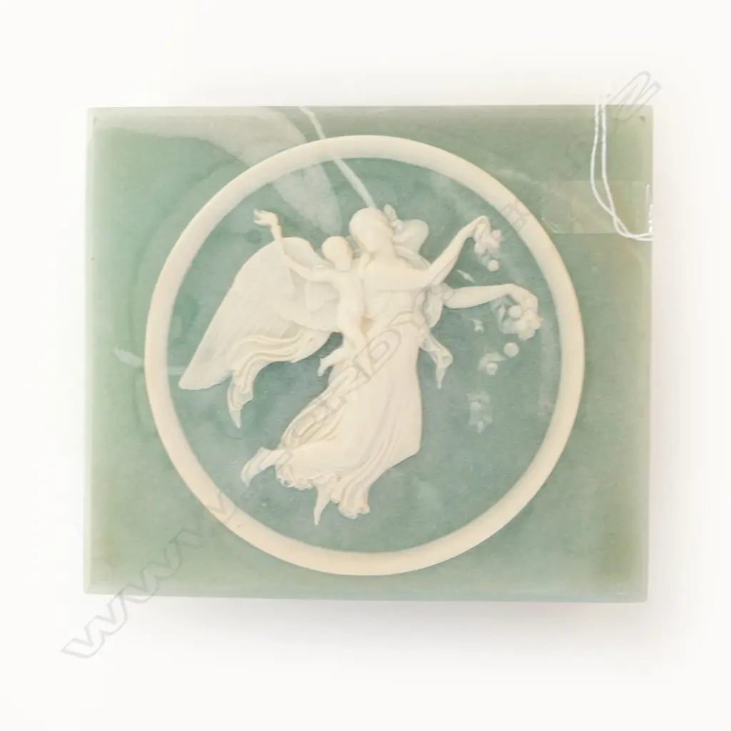 NZ VINTAGE HANDCRAFTED CULTURED MARBLE JEWELLERY BOX WITH CLASSICAL ANGEL & CHERUB SCENE L. 20CM X 17CM Image 1++