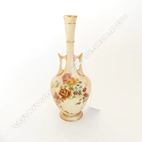 R/WORCESTER SMALL SPECIMAN VASE coloured florals on peach ground H.165mm.