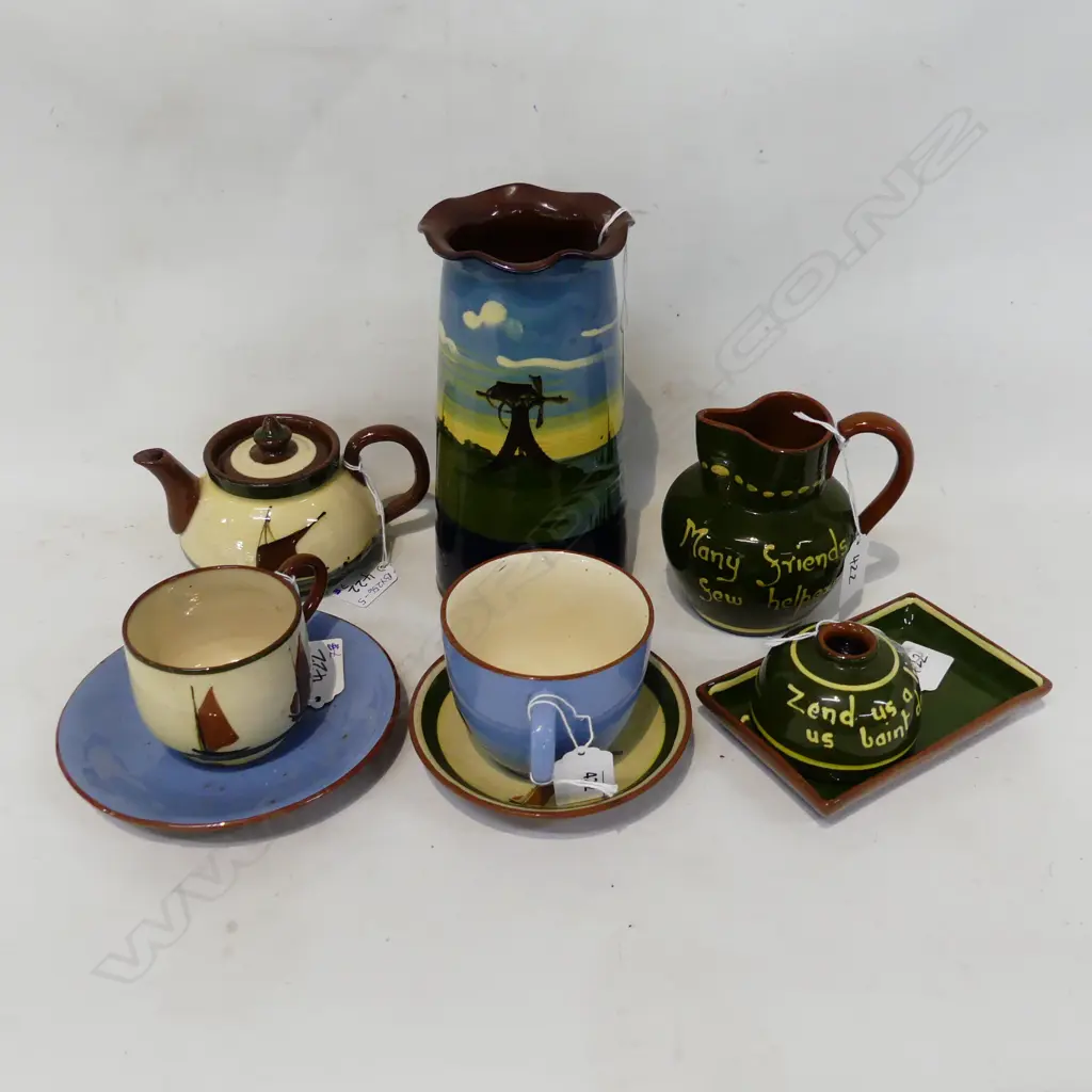 7 PCS TORQUAY WARE IN BLUES & GREENS, VARIOUS MOTIFS, VASE, JUG, TEAPOT, 2 CUP & SAUCER, SML VASE & DISH Image 1++