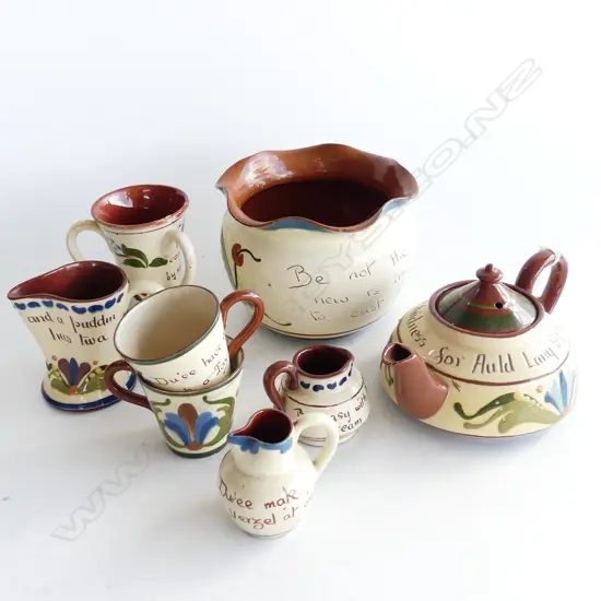 8 PCS TORQUAY WARE - FLORAL MOTIF, SMALL JARDINIERE, TEAPOT, 3 SML JUGS & 2 COFFEE CUPS, SML VASE (AF)