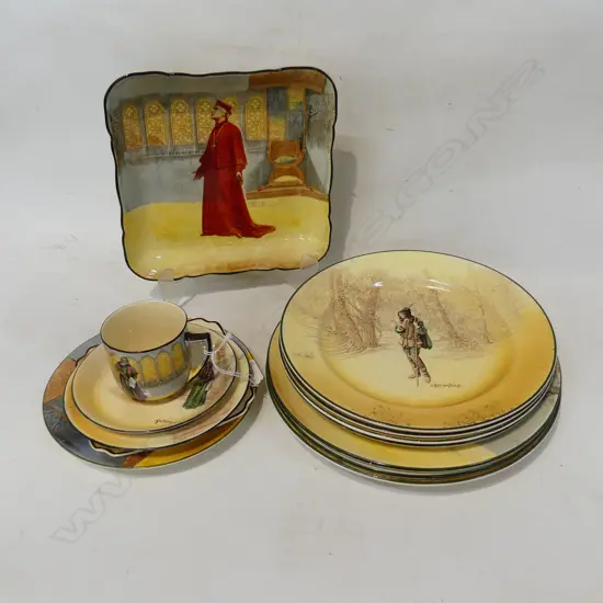 13 PCES ROYAL DOULTON SHAKESPEARE; 12 PLATES 260mm dia (1 AF) + CUP