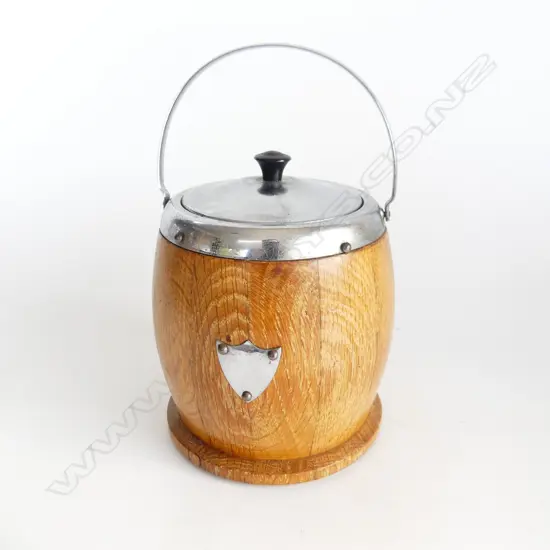 OAK LIDDED BISCUIT BARREL OR ICE BUCKET PORCELAIN LINED INTERIOR WITH SHIELD TO FRONT